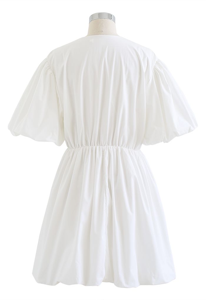 V-Neck Bubble Sleeves Cotton Dress in White