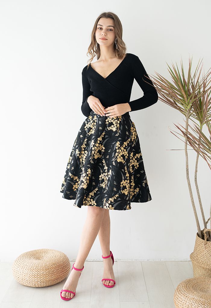 Harebell Embroidered Jacquard A-Line Midi Skirt in Black