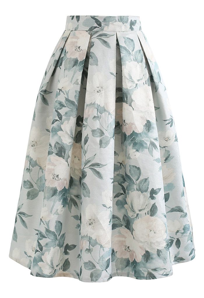 Shimmery Flower Jacquard Pleated Midi Skirt - Retro, Indie and Unique ...