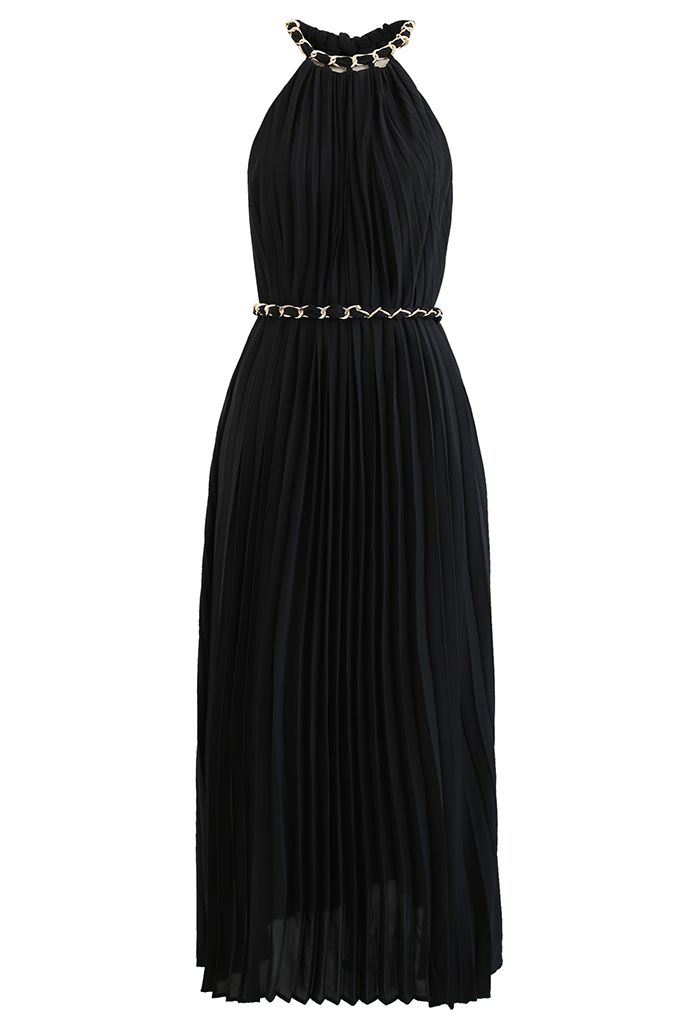 Golden Chain Halter Neck Pleated Maxi Dress in Black