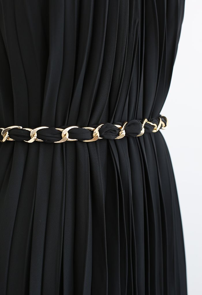 Golden Chain Halter Neck Pleated Maxi Dress in Black