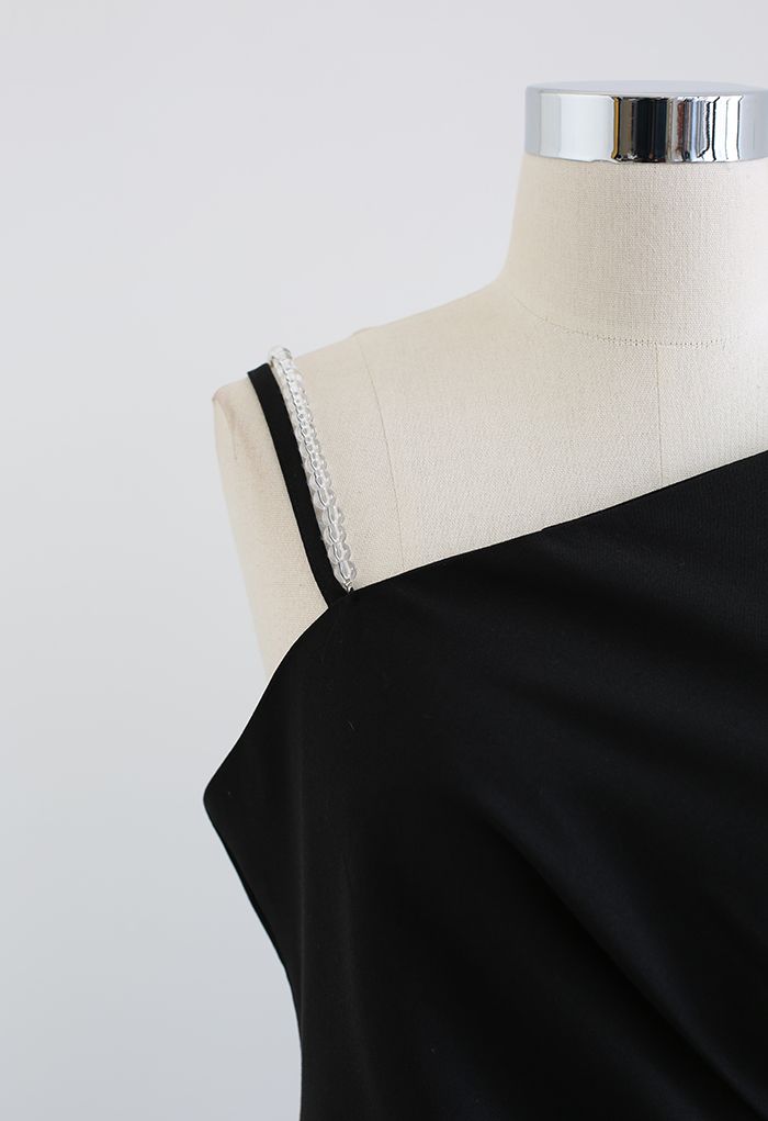 Oblique Neck Split Bodycon Black Dress