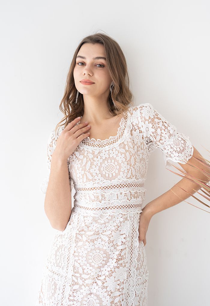 Floral Crochet Short-Sleeve Midi Dress in White - Retro, Indie and ...