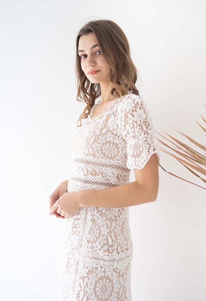 Floral Crochet Short-Sleeve Midi Dress in White