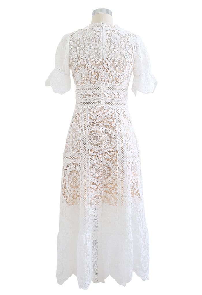 Floral Crochet Short-Sleeve Midi Dress in White
