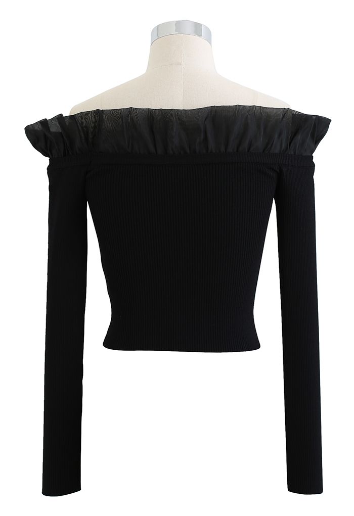 Organza Ruffle Edge Off-Shoulder Knit Top in Black