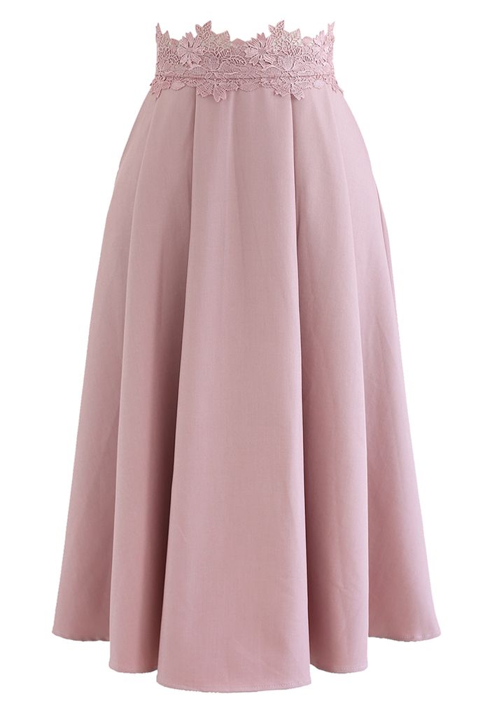 Lacy Waist Pleated Flare Midi Skirt in Pink