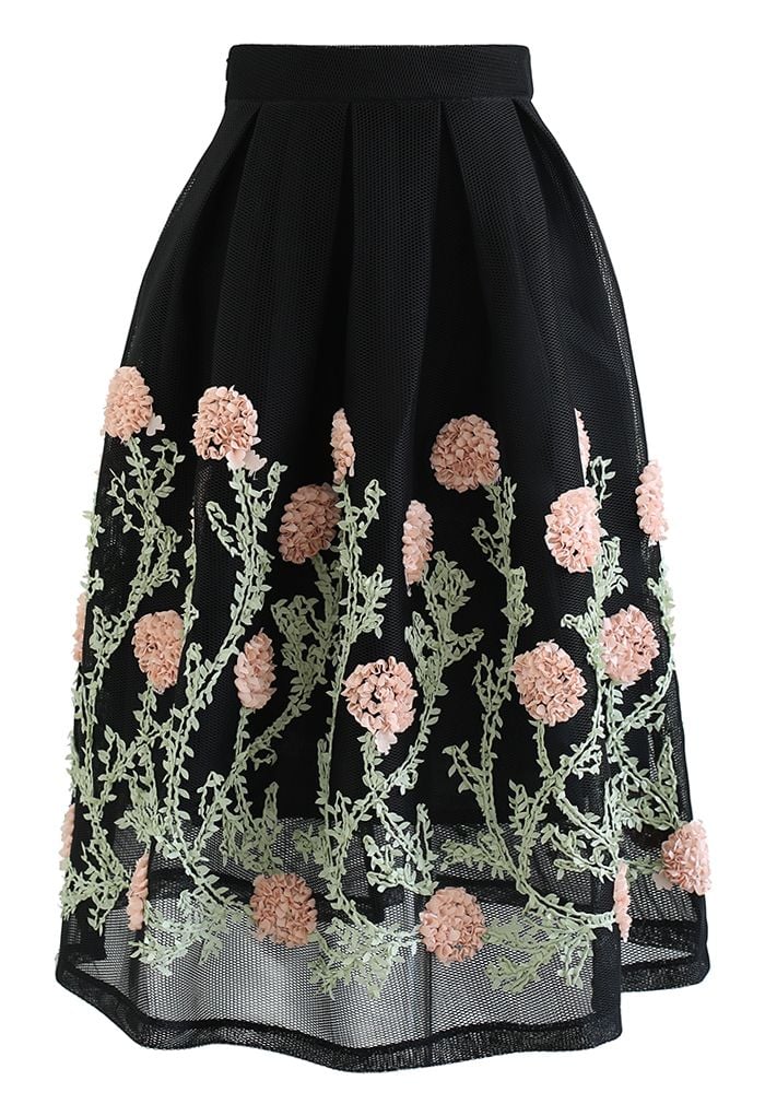 3D Flower Vine Airy Honeycomb Pleated Skirt in Black