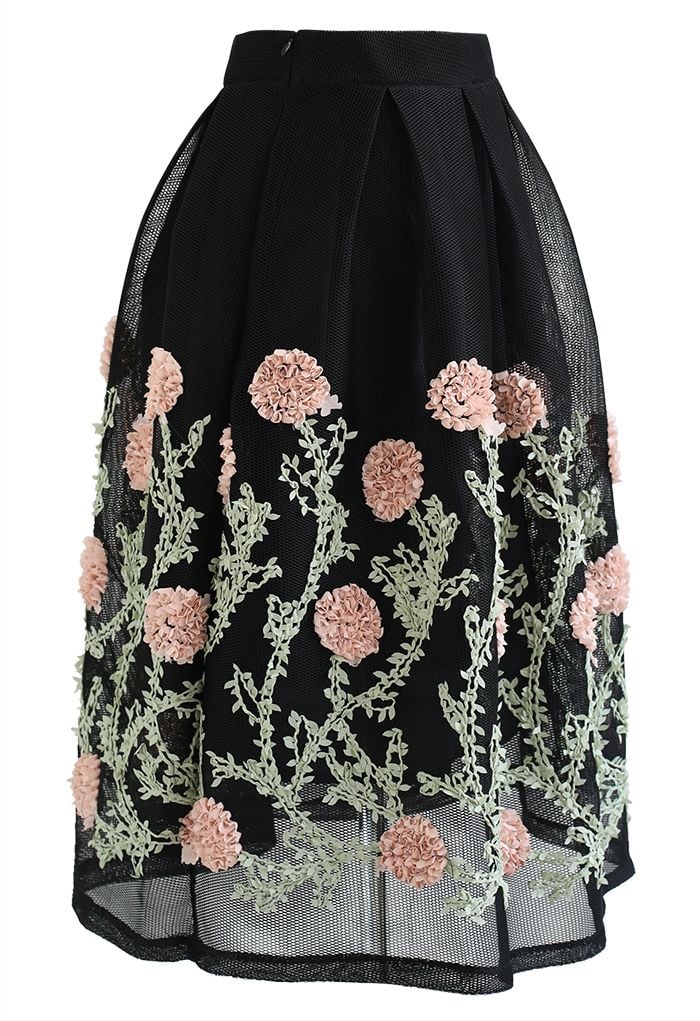 3D Flower Vine Airy Honeycomb Pleated Skirt in Black