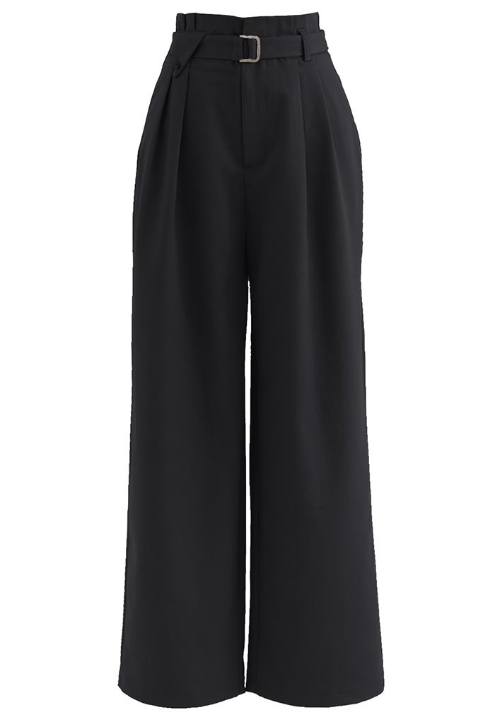 Side Pockets Belted Straight Leg Pants in Black