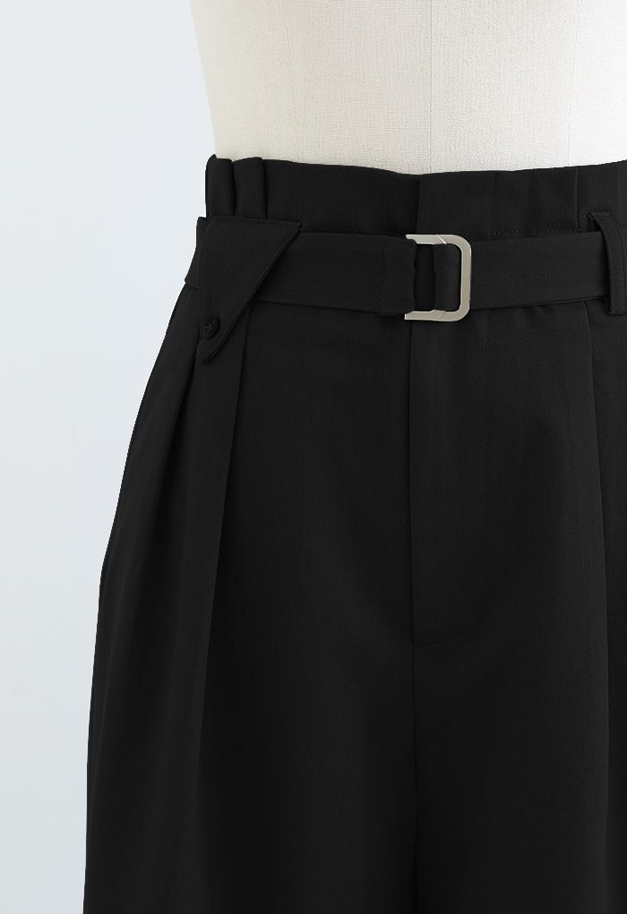 Side Pockets Belted Straight Leg Pants in Black