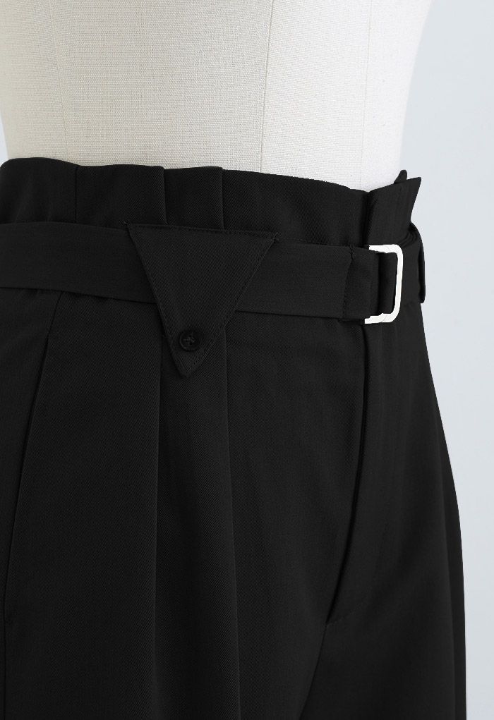 Side Pockets Belted Straight Leg Pants in Black