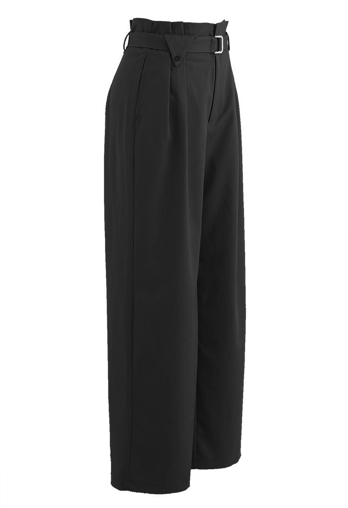 Side Pockets Belted Straight Leg Pants in Black