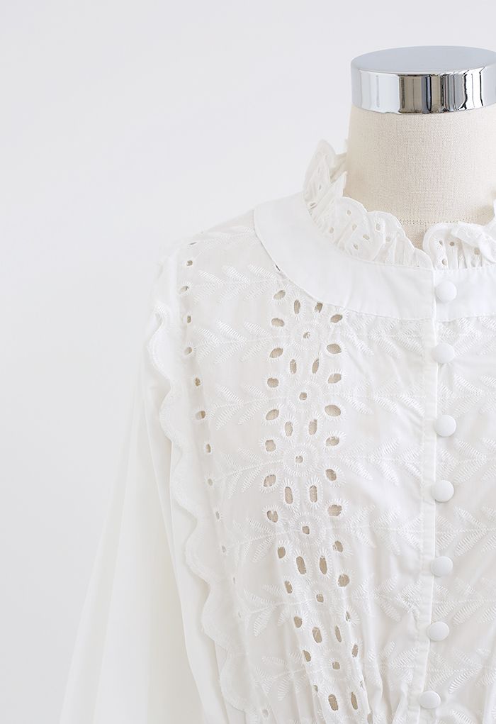 Embroidered Floral Eyelet Frilling Dress in White