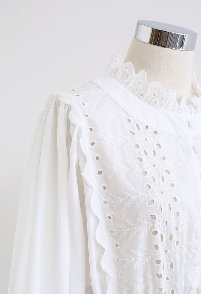 Embroidered Floral Eyelet Frilling Dress in White - Retro, Indie and ...