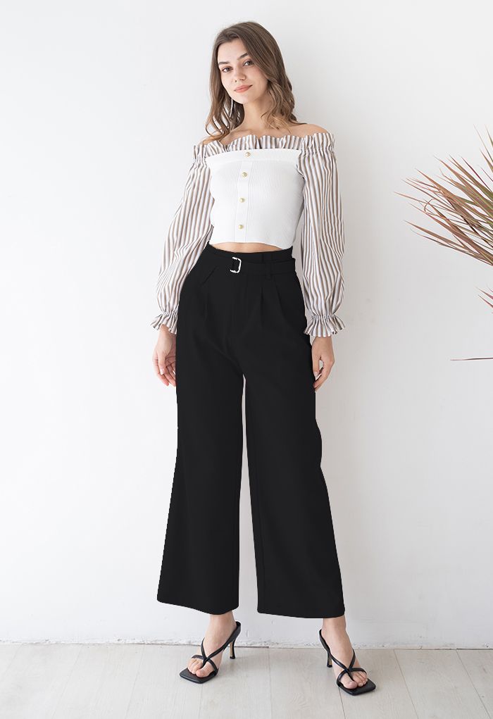 Side Pockets Belted Straight Leg Pants in Black