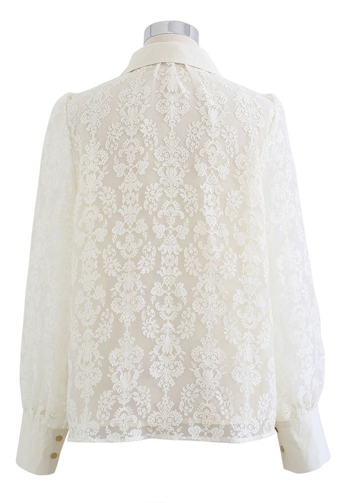 Floral Jacquard Semi-Sheer Organza Shirt in Cream