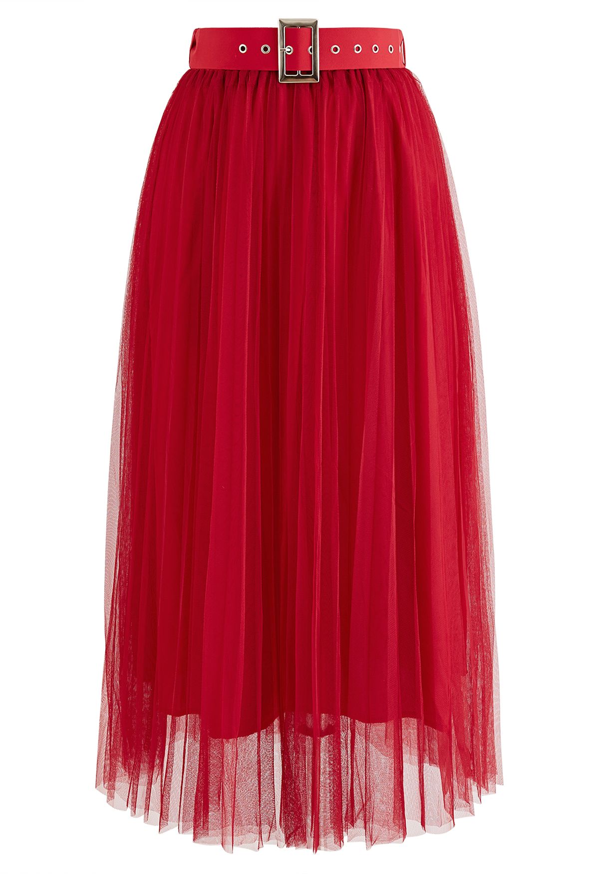 Full Pleated Double-Layered Mesh Midi Skirt in Red