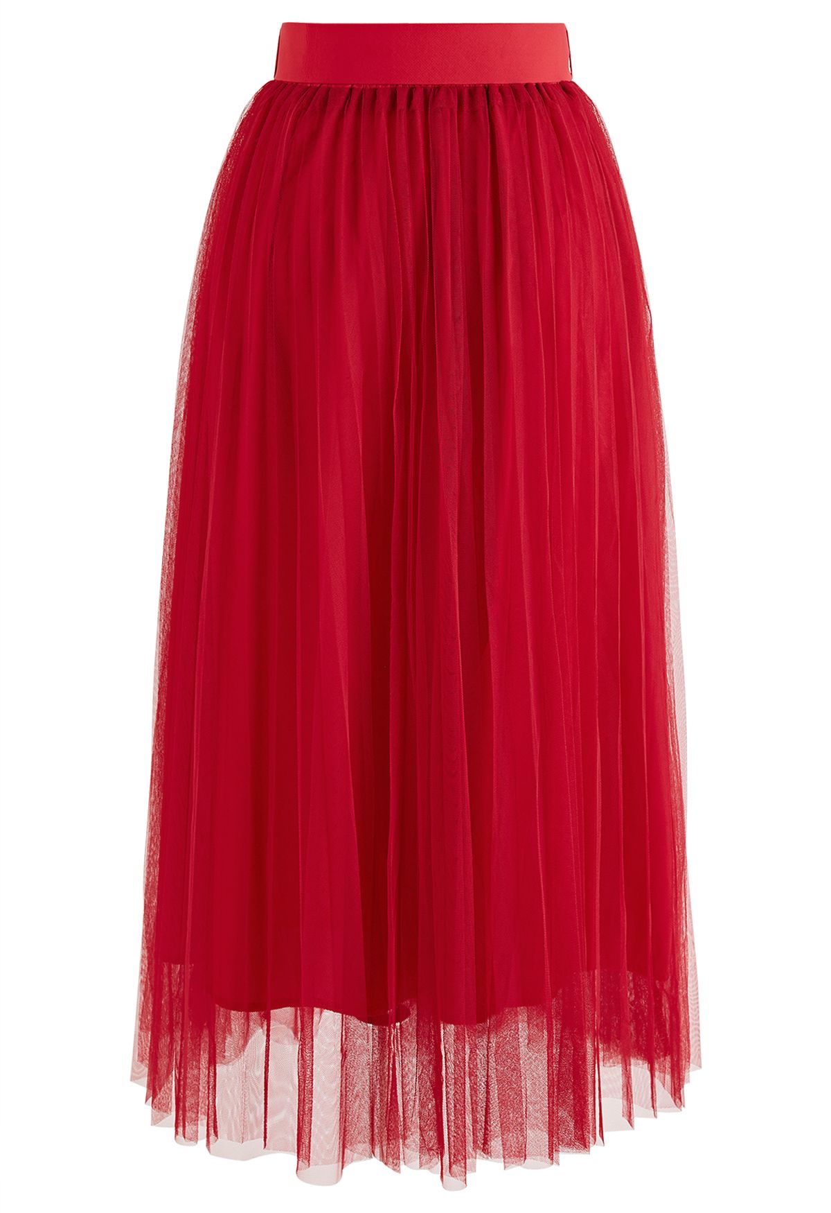 Full Pleated Double-Layered Mesh Midi Skirt in Red