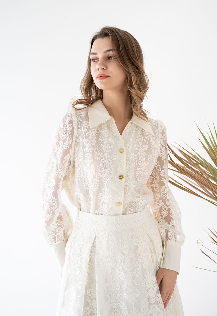 Floral Jacquard Semi-Sheer Organza Shirt in Cream