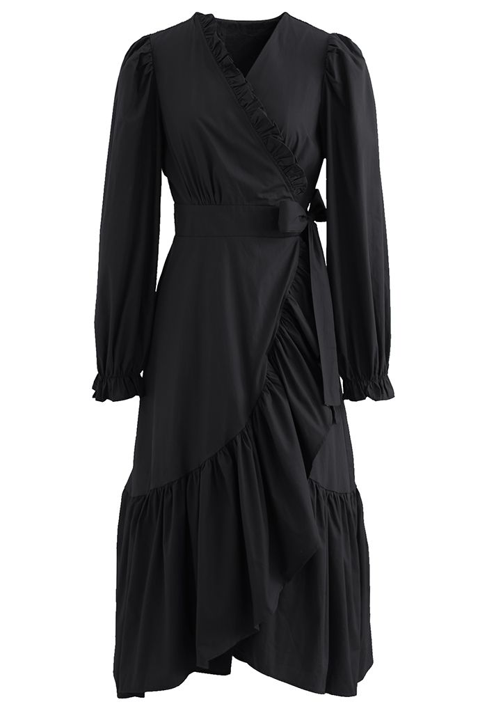 Ruffle Asymmetric Hem Wrapped Cotton Dress in Black