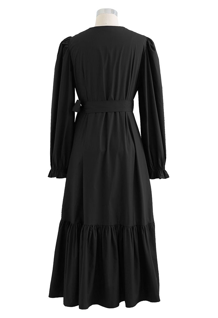 Ruffle Asymmetric Hem Wrapped Cotton Dress in Black