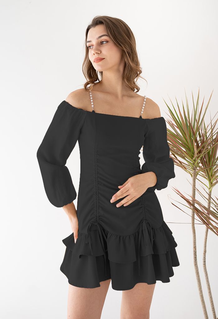 Tiered Ruffle Cold-Shoulder Mini Dress in Black