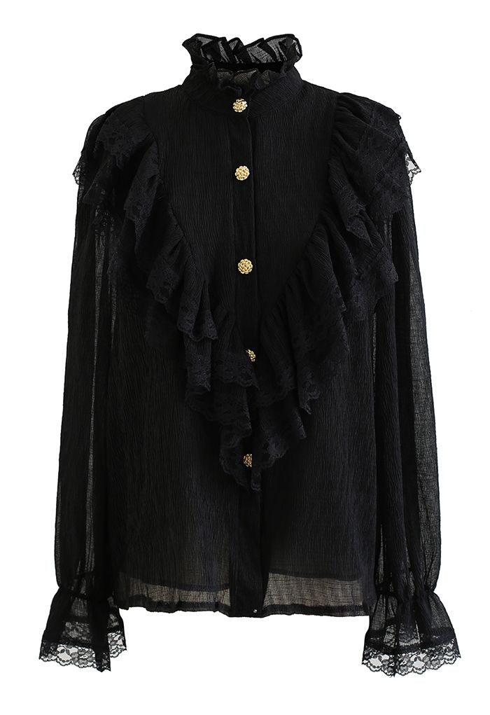 Noble Lace Ruffle Trim Textured Shirt in Black