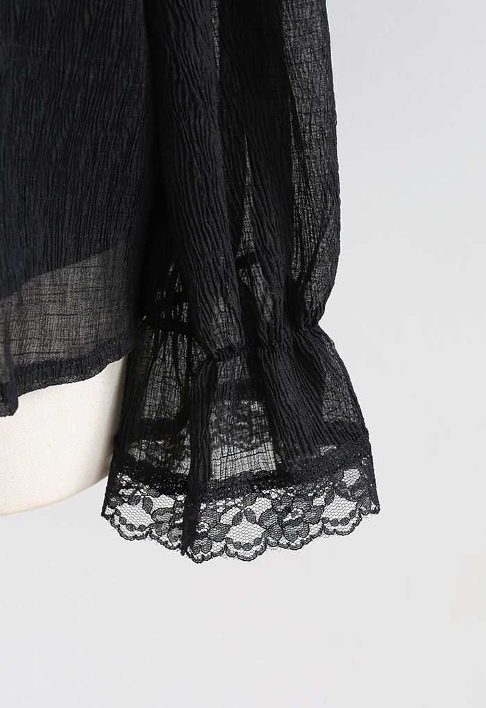 Noble Lace Ruffle Trim Textured Shirt in Black