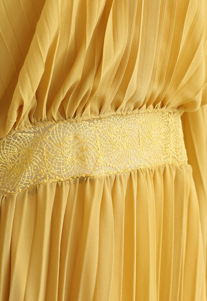 Lacy Waist Full Pleated Maxi Dress in Yellow
