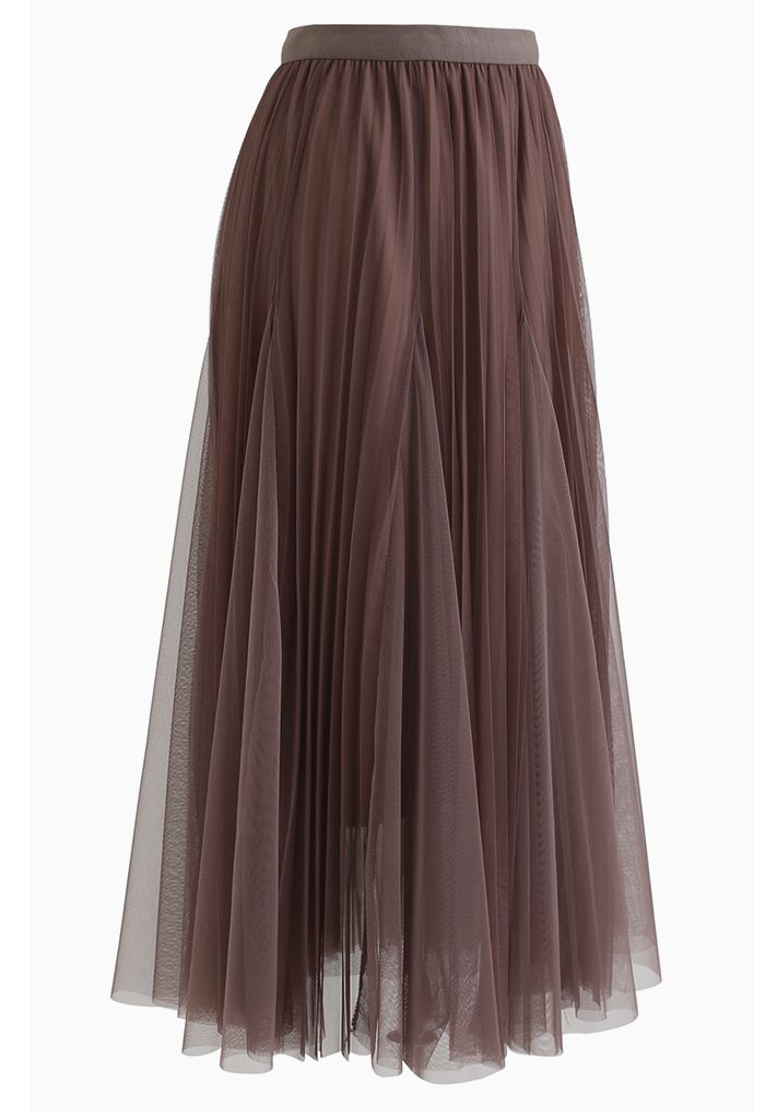 Pleated Panelled Mesh Tulle Maxi Skirt in Brown