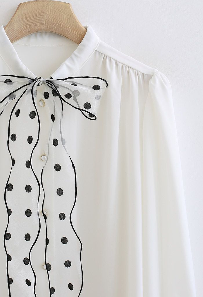 Self-Tie Dots Mesh Bowknot Satin Shirt in White