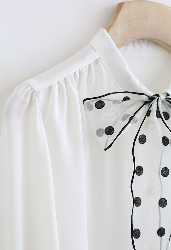 Self-Tie Dots Mesh Bowknot Satin Shirt in White