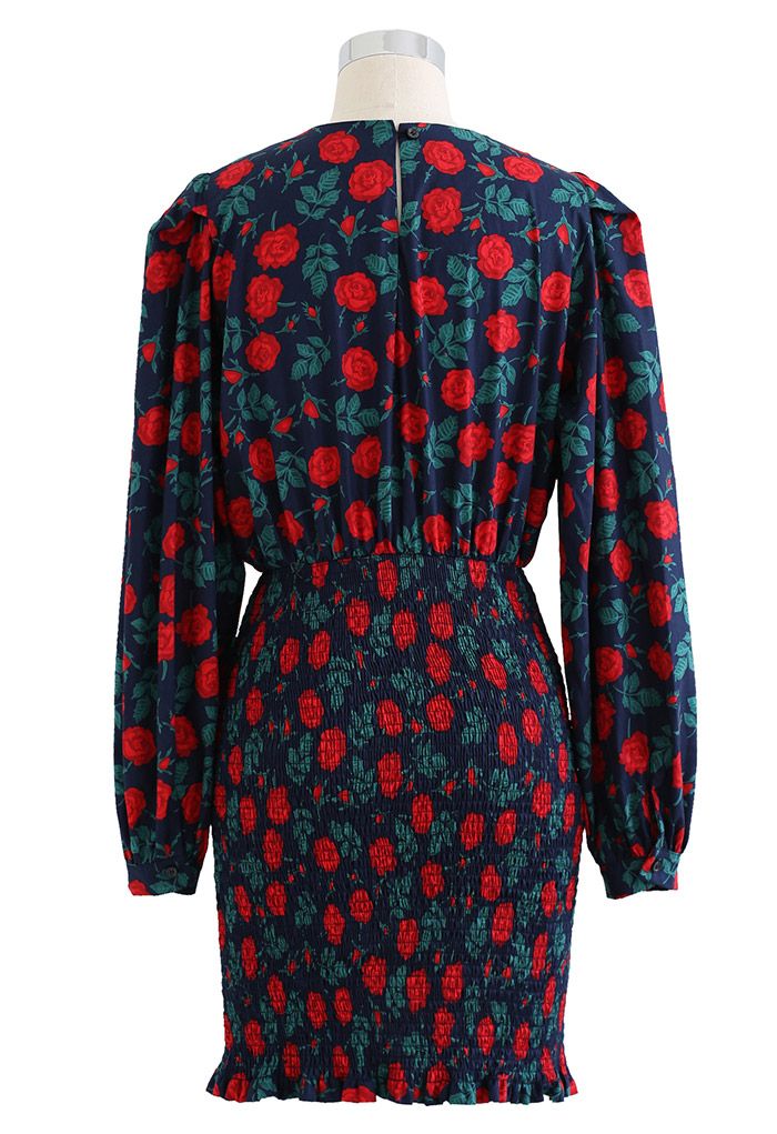 Rose Print Slinky Shirred Dress in Navy