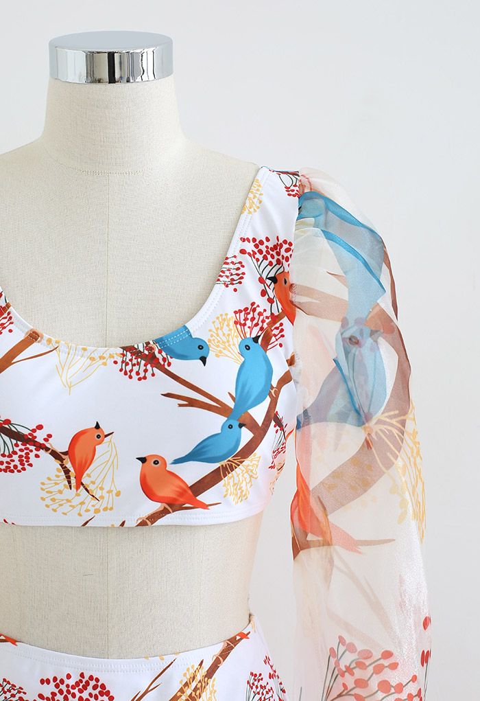 Lovely Bird Print Organza Bubble Sleeve Bikini Set