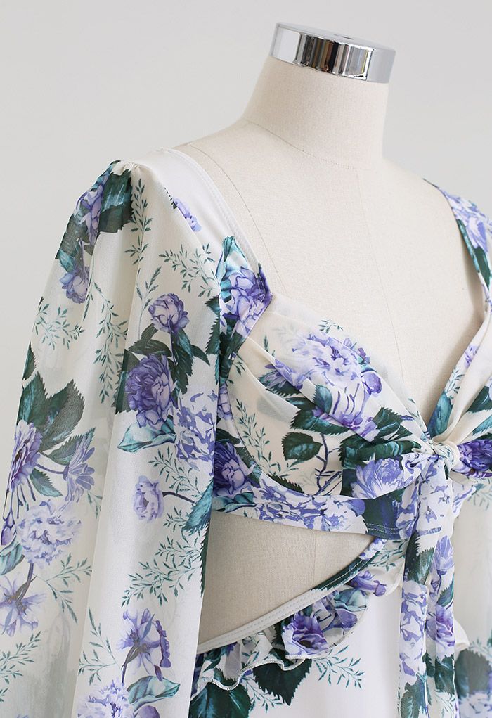Purple Flower Cutout Waist Chiffon Swimsuit