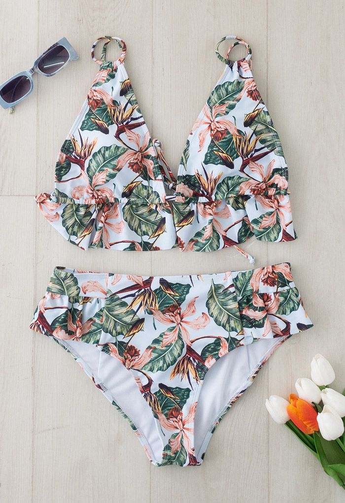 Tropical Print Ruffle Triangle Bikini Set
