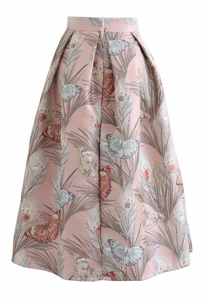 Fluttering Butterfly Jacquard Midi Skirt in Pink