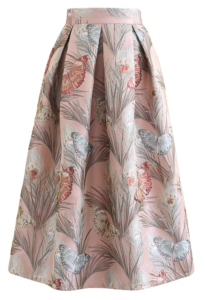 Fluttering Butterfly Jacquard Midi Skirt in Pink