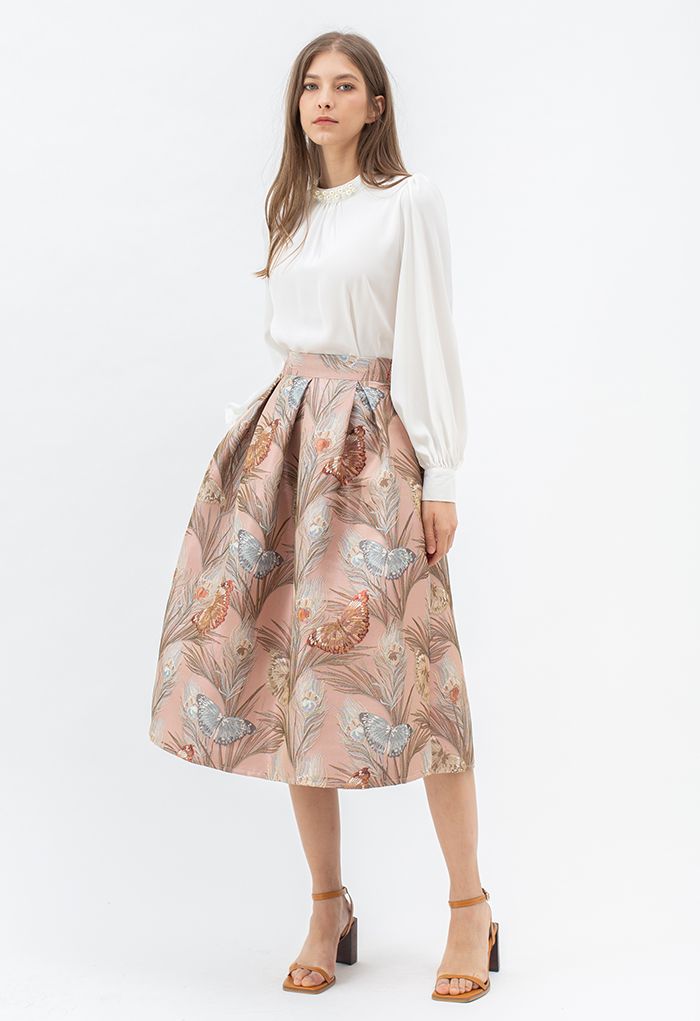 Fluttering Butterfly Jacquard Midi Skirt in Pink