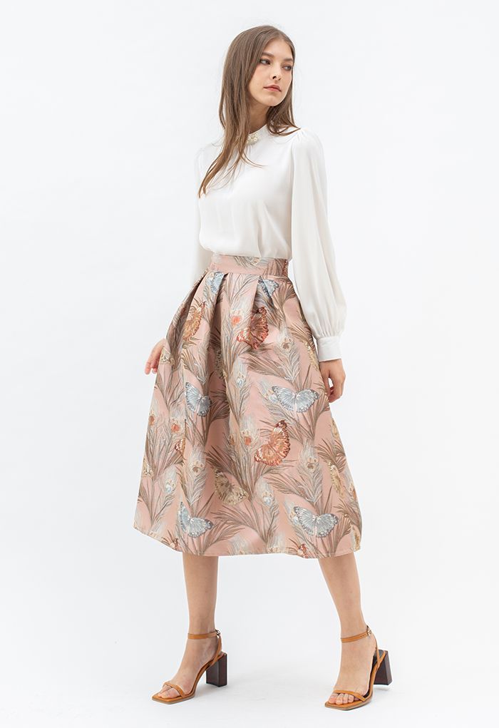 Fluttering Butterfly Jacquard Midi Skirt in Pink