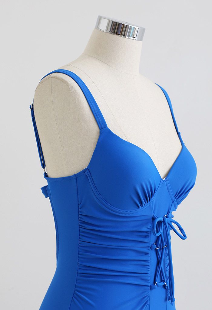 Ruched Lace-Up Front Open Back Swimsuit in Blue