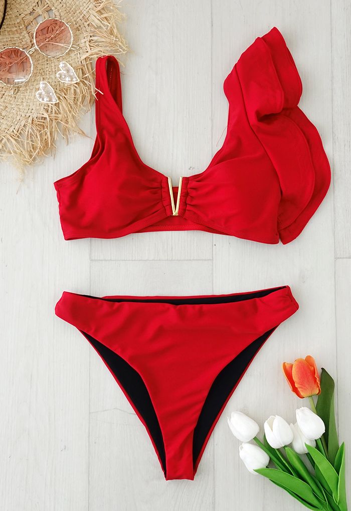 Red Ruffled V-Shape Cutout Bikini Set