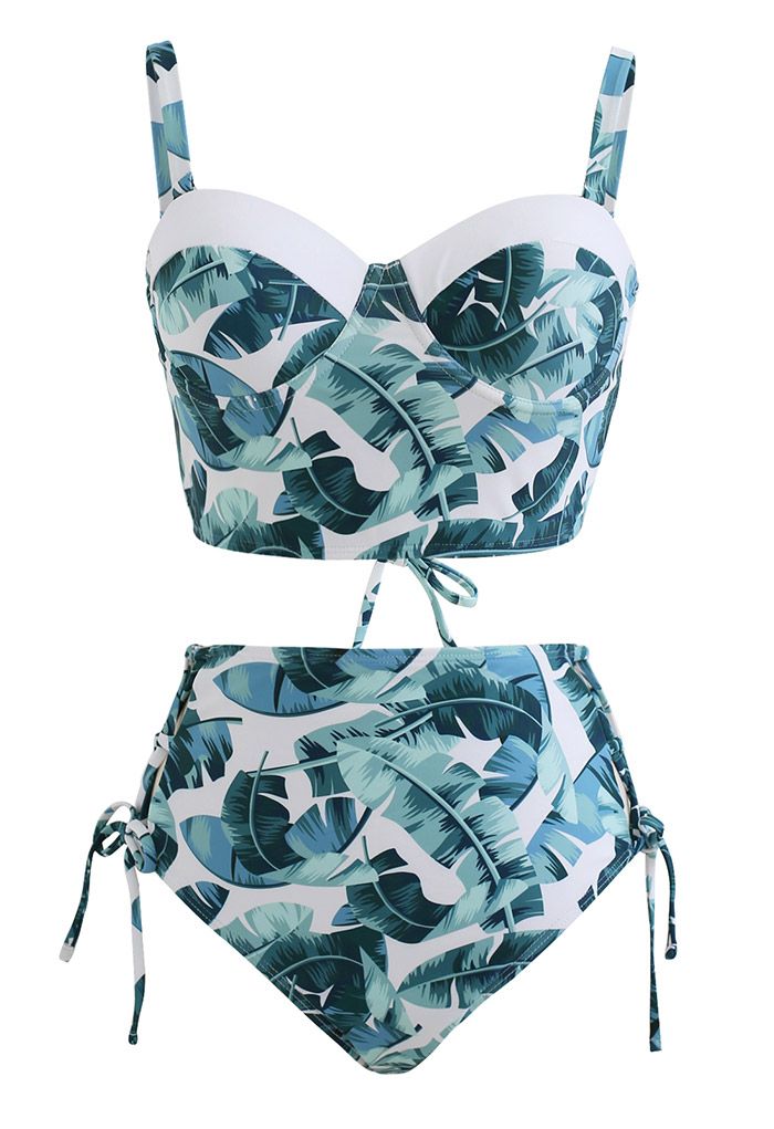Leaf Print Lace-Up Back Bikini Set