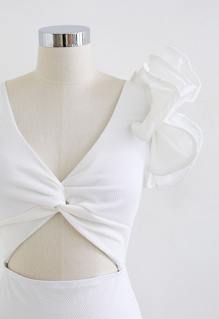 Solid White Ruffle Shoulder Cutout Swimsuit