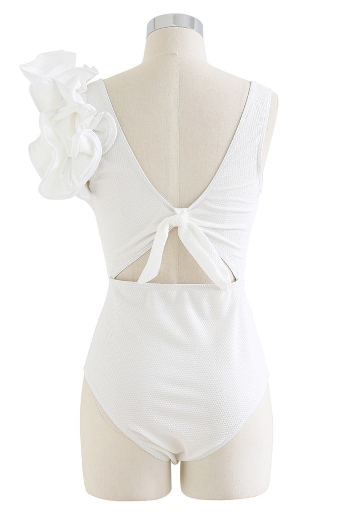 Solid White Ruffle Shoulder Cutout Swimsuit