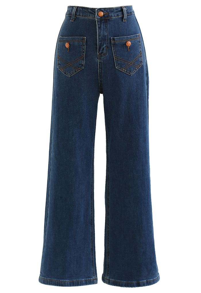 Toffee Button Patch Pocket Flare Leg Jeans