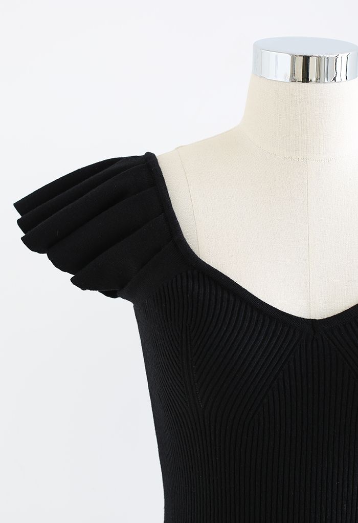 Flutter Sleeve Fitted Ribbed Knit Top in Black - Retro, Indie and ...