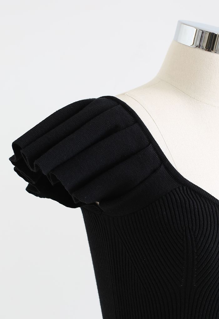 Flutter Sleeve Fitted Ribbed Knit Top in Black - Retro, Indie and ...