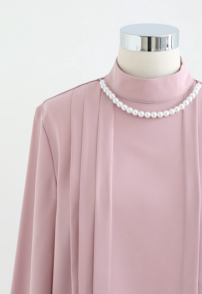 Pearl Necklace Pintucked Shirt in Pink